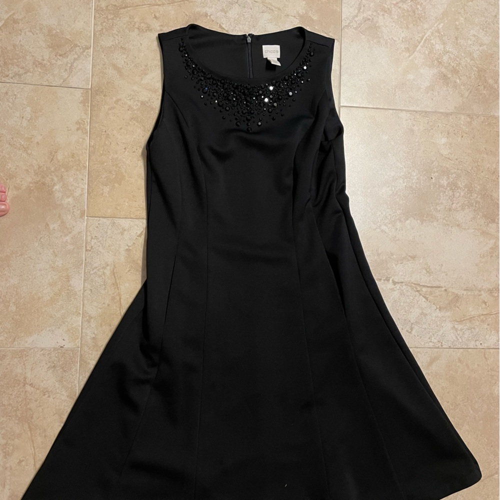 Chico's Black Sleeveless A-Line Dress with Beaded Neckline